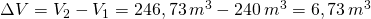 Rendered by QuickLaTeX.com \Delta V=V_{2}-V_{1}=246,73\,m^{3}-240\,m^{3}=6,73\,m^{3}