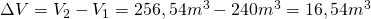 Rendered by QuickLaTeX.com \Delta V=V_{2}-V_{1}=256,54m^{3}-240m^{3}=16,54m^{3}