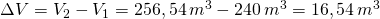 Rendered by QuickLaTeX.com \Delta V=V_{2}-V_{1}=256,54\,m^{3}-240\,m^{3}=16,54\,m^{3}